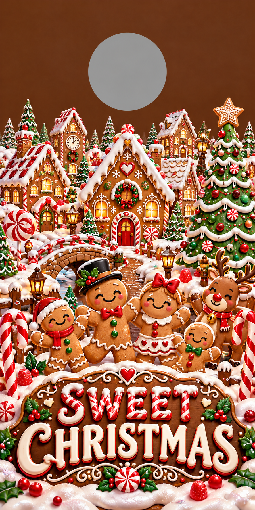 Sweet Christmas Gingerbread Village Cornhole Board Wraps gray hole placement preview