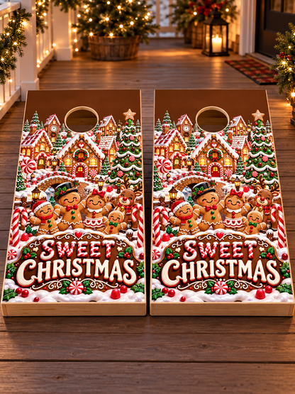 Sweet Christmas Gingerbread Village Cornhole Board Wraps board pair mockup