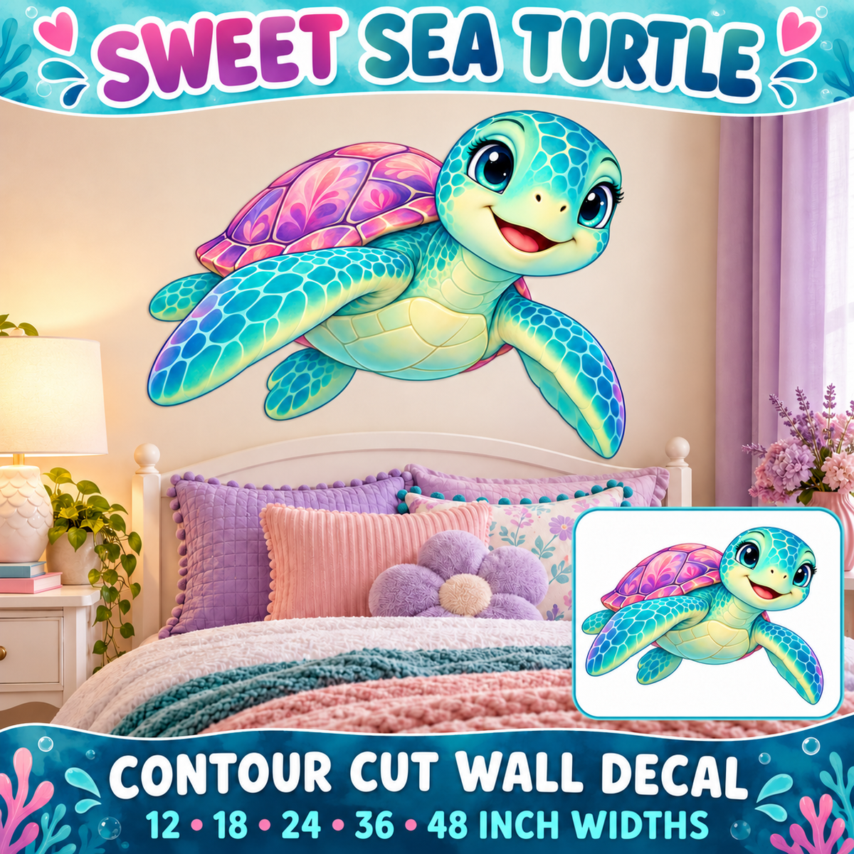 Sweet Sea Turtle – Girls Room Wall Decal summary and bedroom mockup – 12 to 48 inch widths