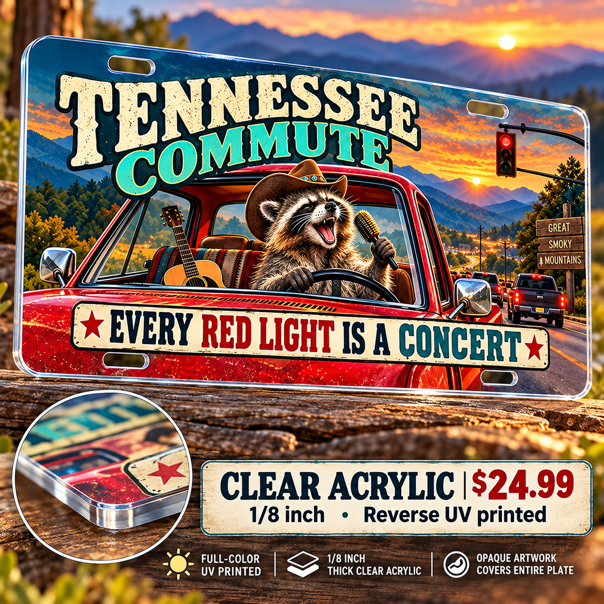 Tennessee Road Concert funny license plate — ⅛-inch reverse UV printed acrylic with opaque artwork