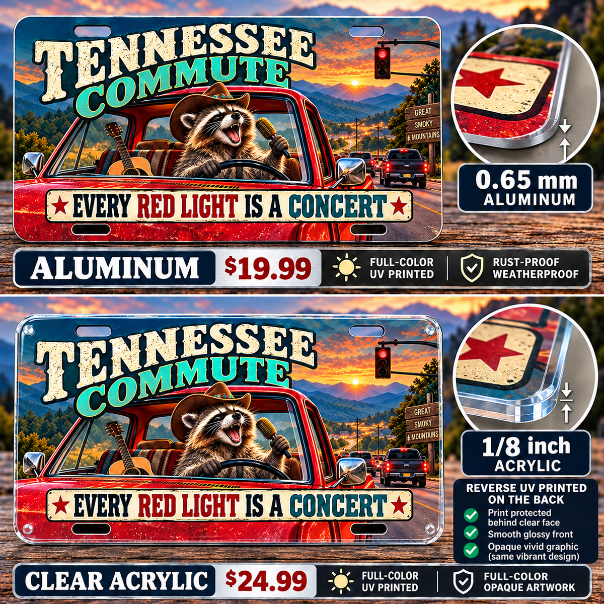 Tennessee Road Concert funny license plate — 0.65 mm aluminum and ⅛-inch acrylic edge detail