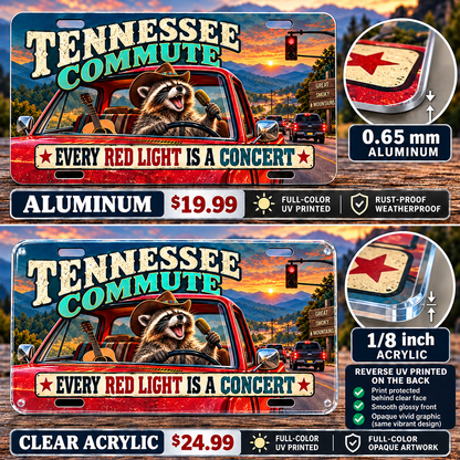 Tennessee Road Concert funny license plate — 0.65 mm aluminum and ⅛-inch acrylic edge detail