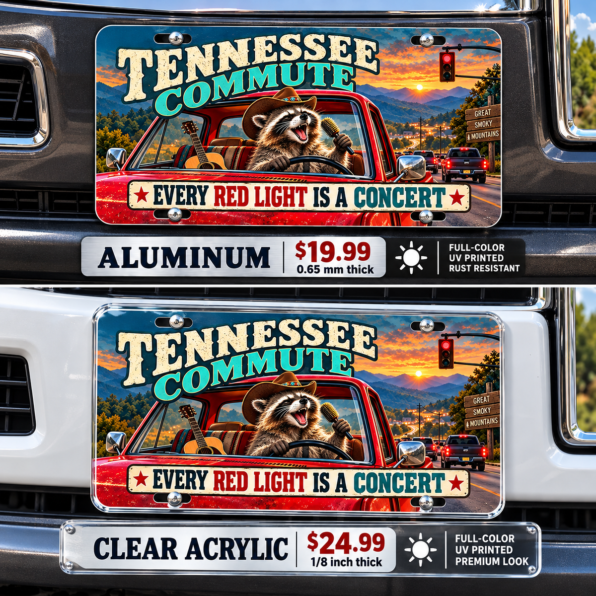 Tennessee Road Concert funny license plate — aluminum and acrylic vehicle mockups