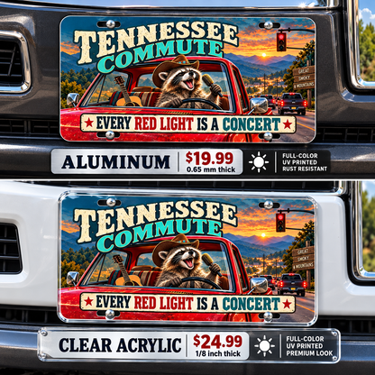 Tennessee Road Concert funny license plate — aluminum and acrylic vehicle mockups