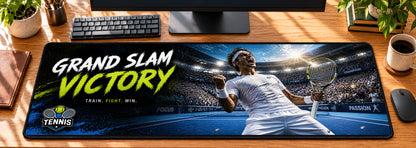 Tennis Grand Slam Victory Desk Mat in use on a warm wood office desk — overhead workspace view