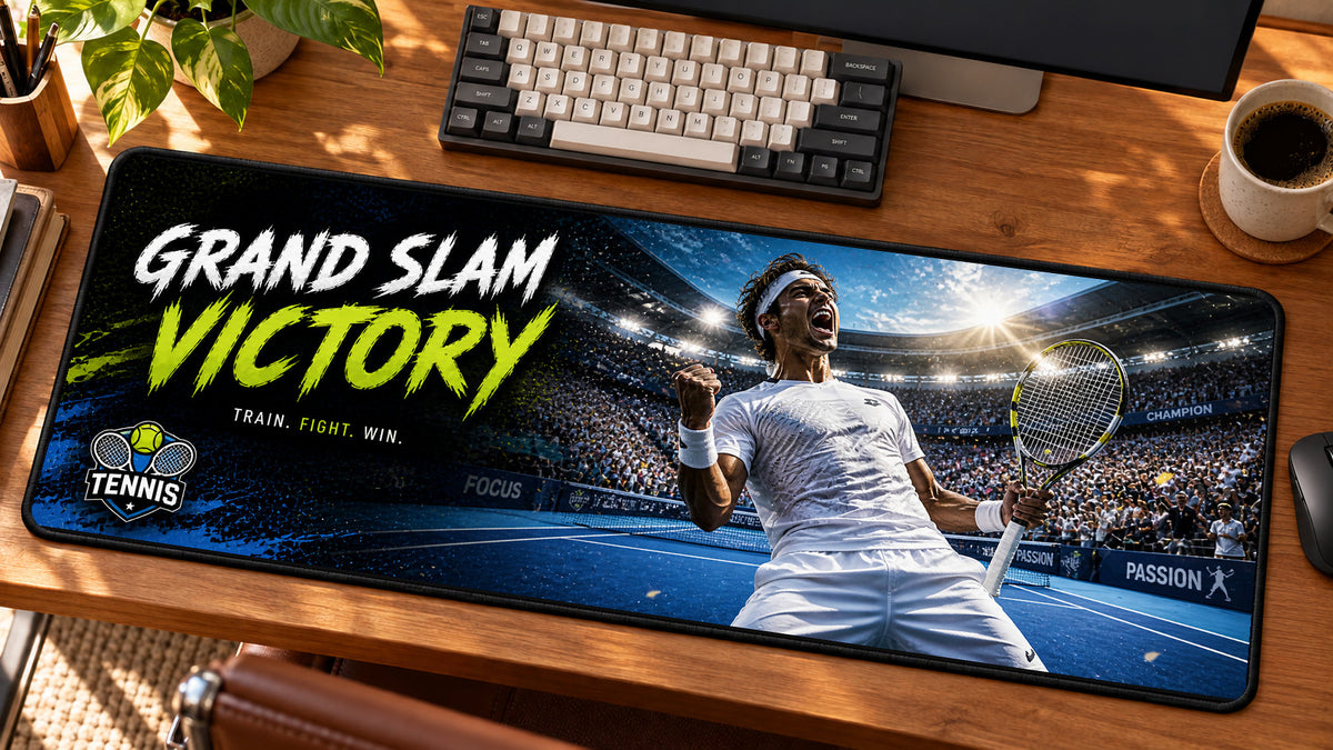 Tennis Grand Slam Victory Desk Mat in use on a warm wood office desk — angled workspace view