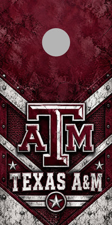 Texas A&M Aggie Ironworks cornhole wrap with plain gray hole placement preview