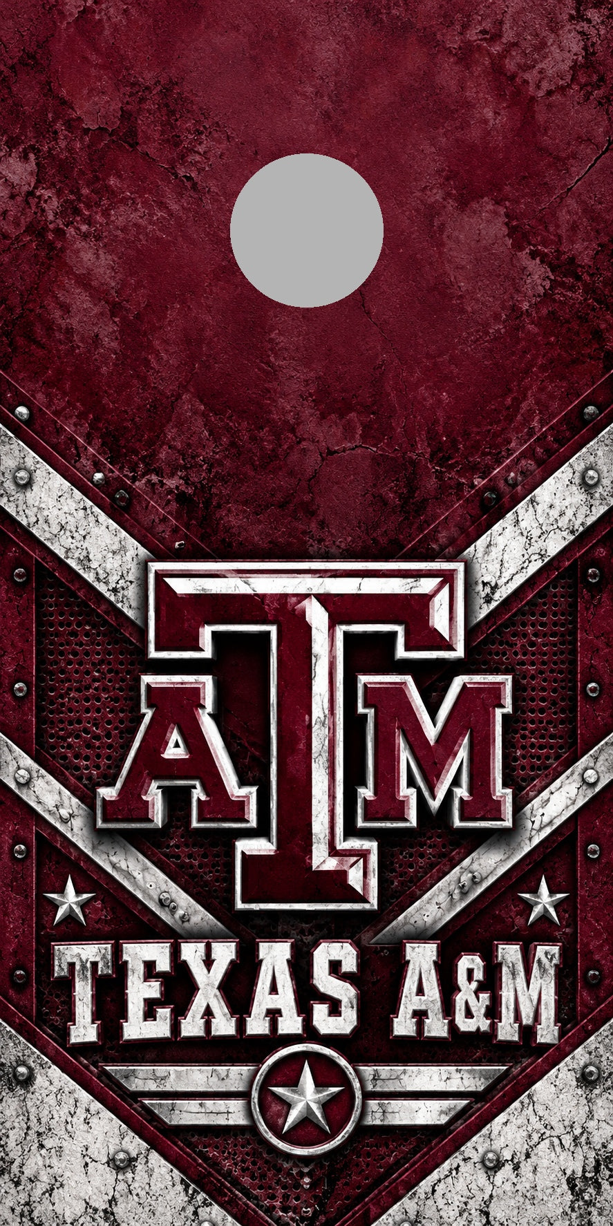 Texas A&M Aggie Ironworks cornhole wrap with plain gray hole placement preview