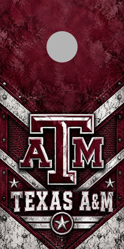 Texas A&M Aggie Ironworks cornhole wrap with plain gray hole placement preview
