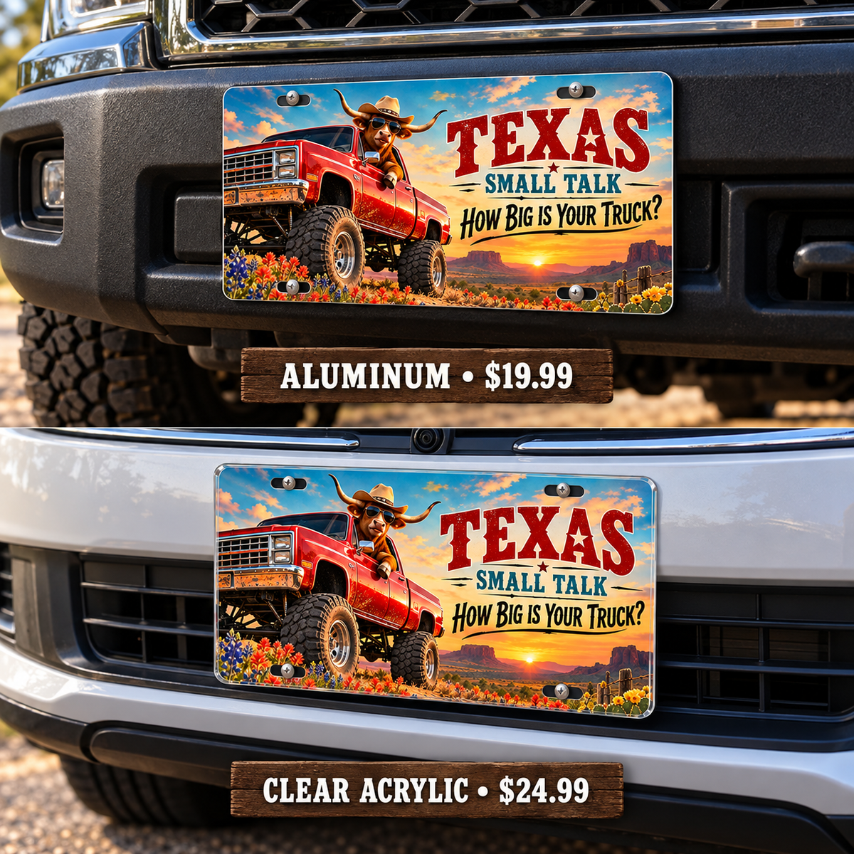 Texas Small Talk funny license plate — aluminum and acrylic plates mounted on vehicles