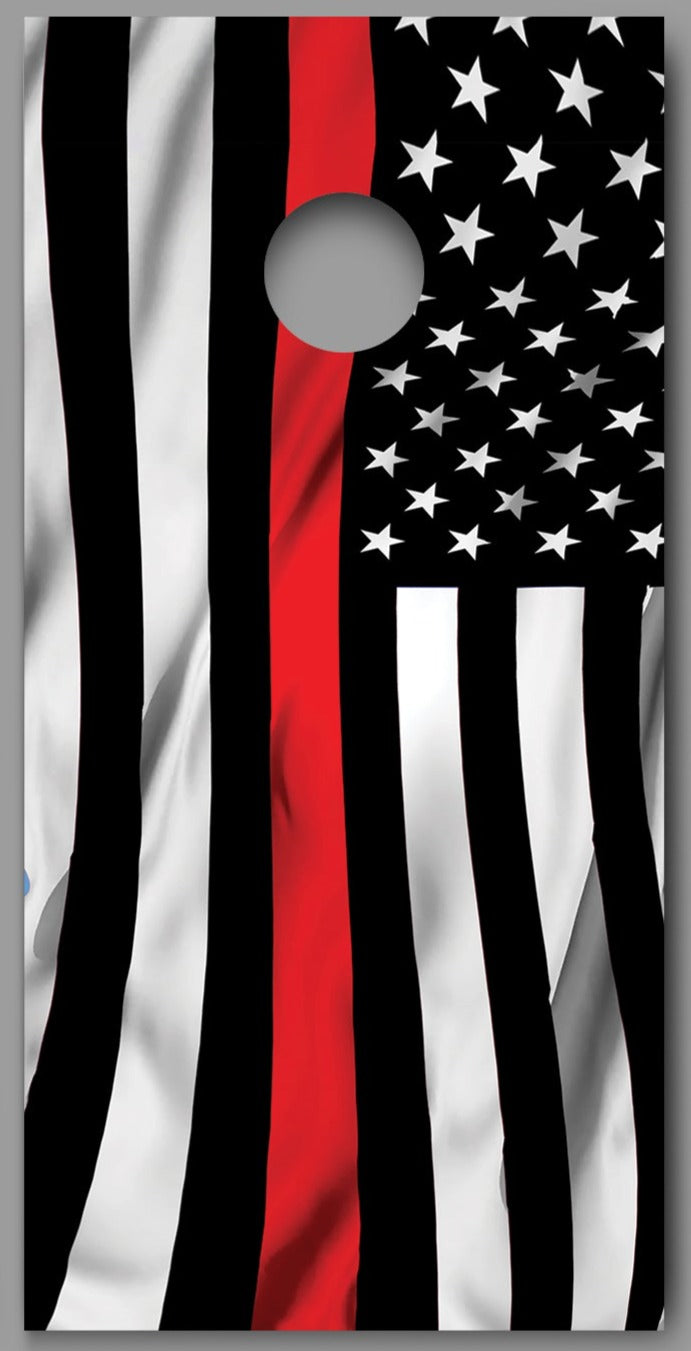 Thin Red Waving Flag Fireman Corn hole Wraps Decals