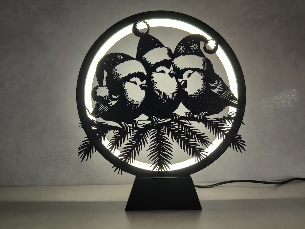 Circle of Light Three Birds in Santa Hats Display