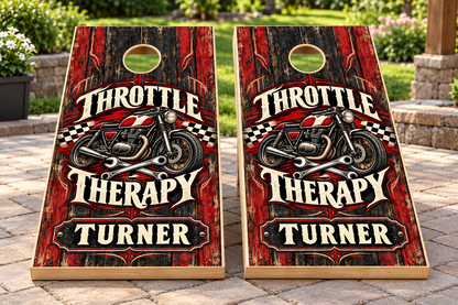 Throttle Therapy personalized cornhole wraps - mockup