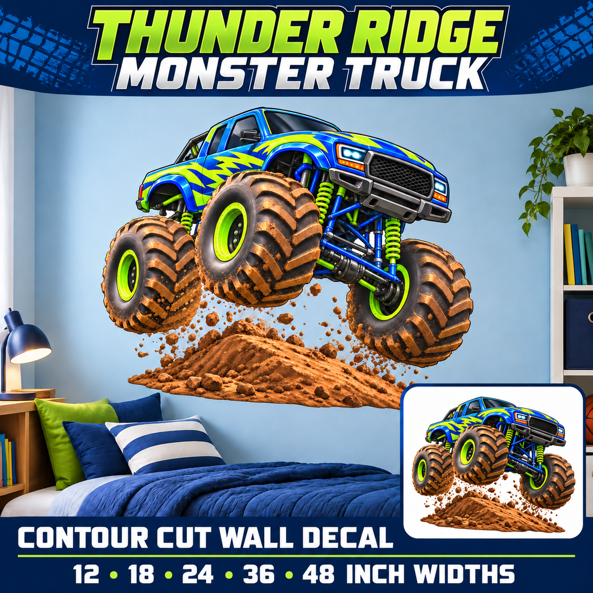 Thunder Ridge Monster Truck – Boys Room Wall Decal summary and bedroom mockup – 12 to 48 inch widths