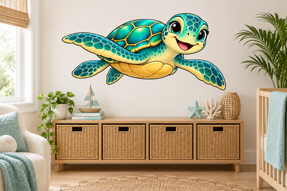 Tide Rider Cartoon Sea Turtle Large Wall Decal room mockup, illustrative size