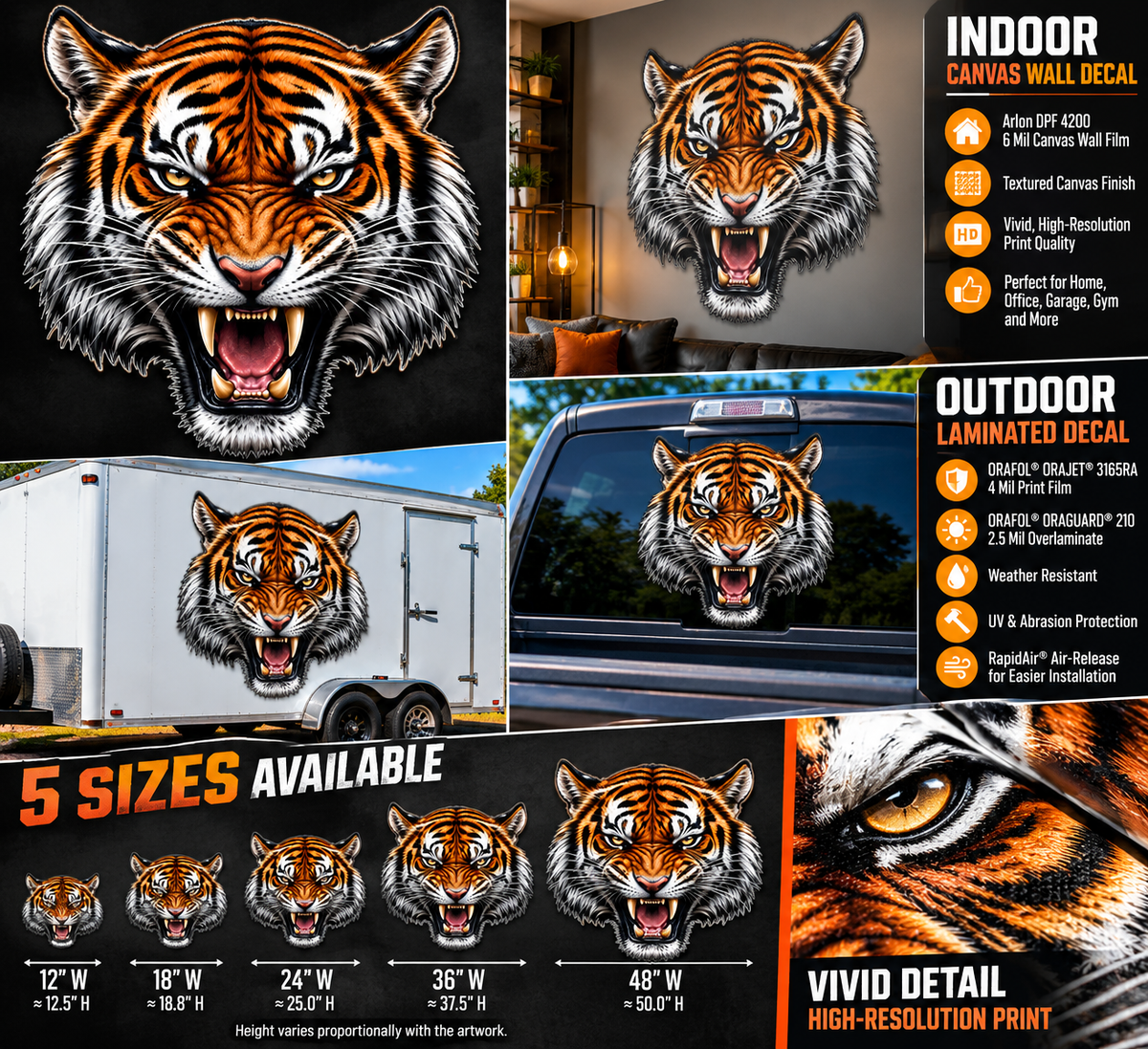 Ferocious Roaring Tiger Decal – Indoor Wall or Outdoor Vinyl