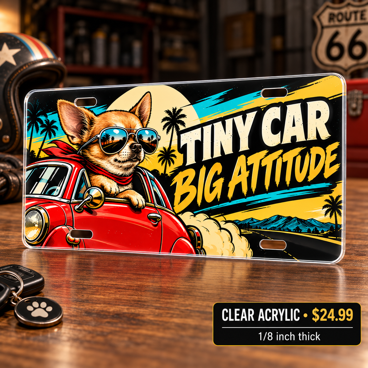 Tiny Car Big Attitude funny license plate — one-eighth-inch reverse UV printed acrylic $24.99