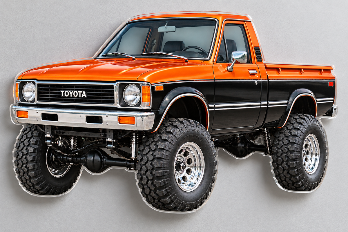 1979 Toyota Sunset Orange and Black clear contour-cut acrylic sign angled wall view with hidden standoffs