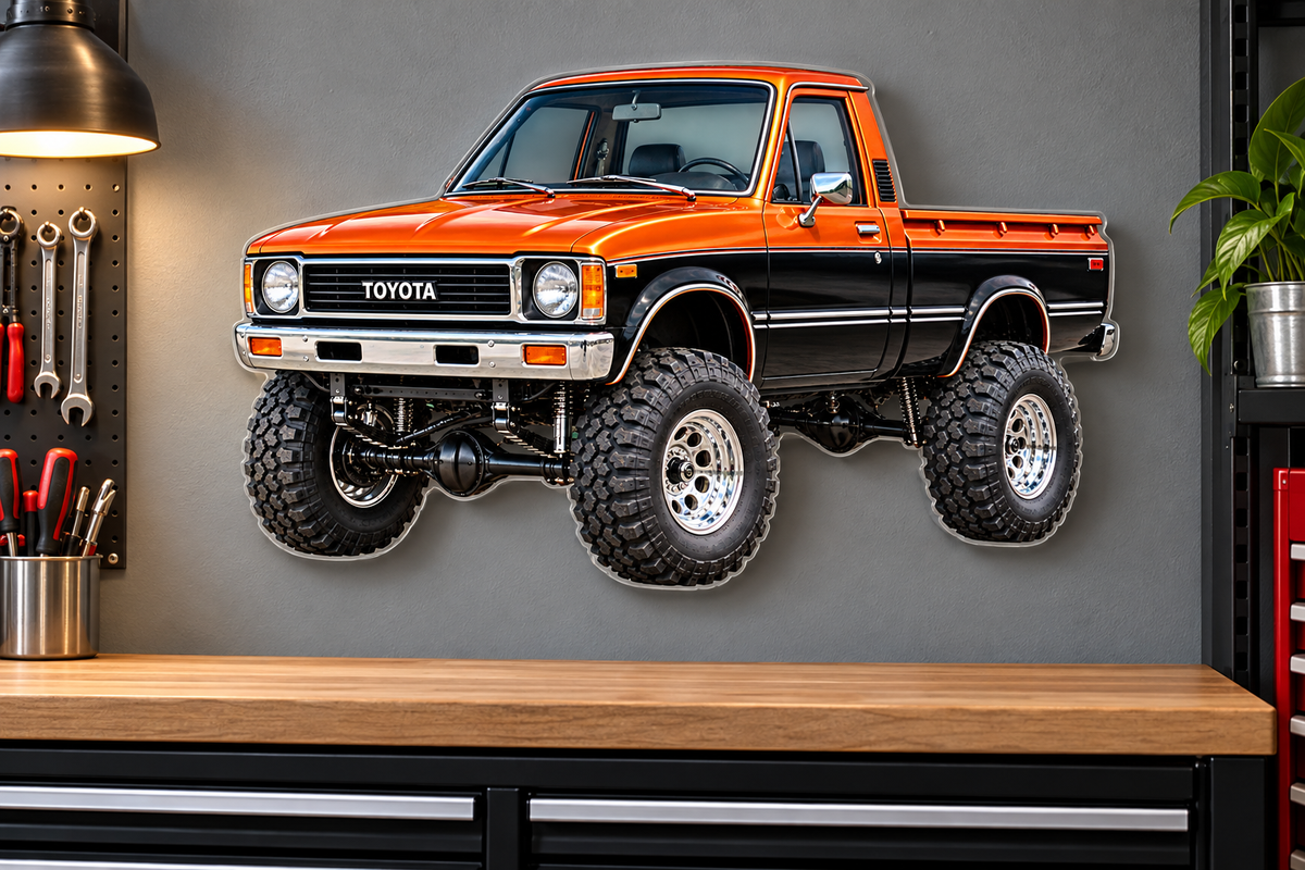 1979 Toyota Sunset Orange and Black contour-cut acrylic sign over garage workbench with hidden standoffs