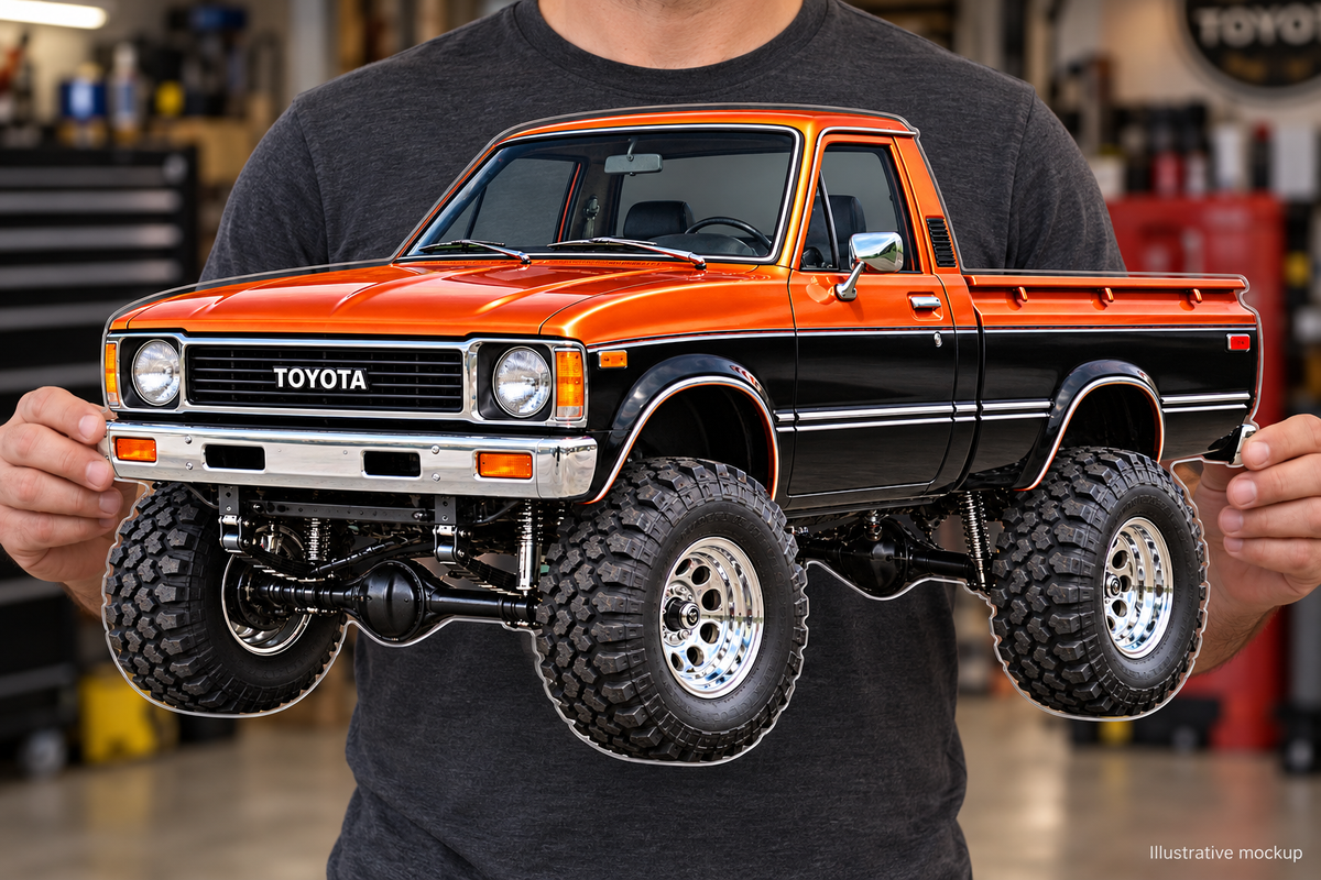 Person holding 1979 Toyota Sunset Orange and Black clear acrylic truck sign, illustrative mockup