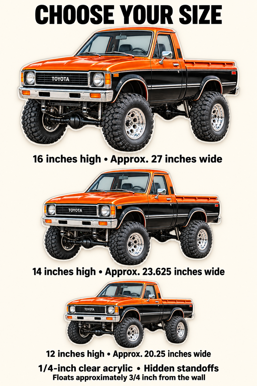 1979 Toyota acrylic sign size guide for 12, 14 and 16 inch heights