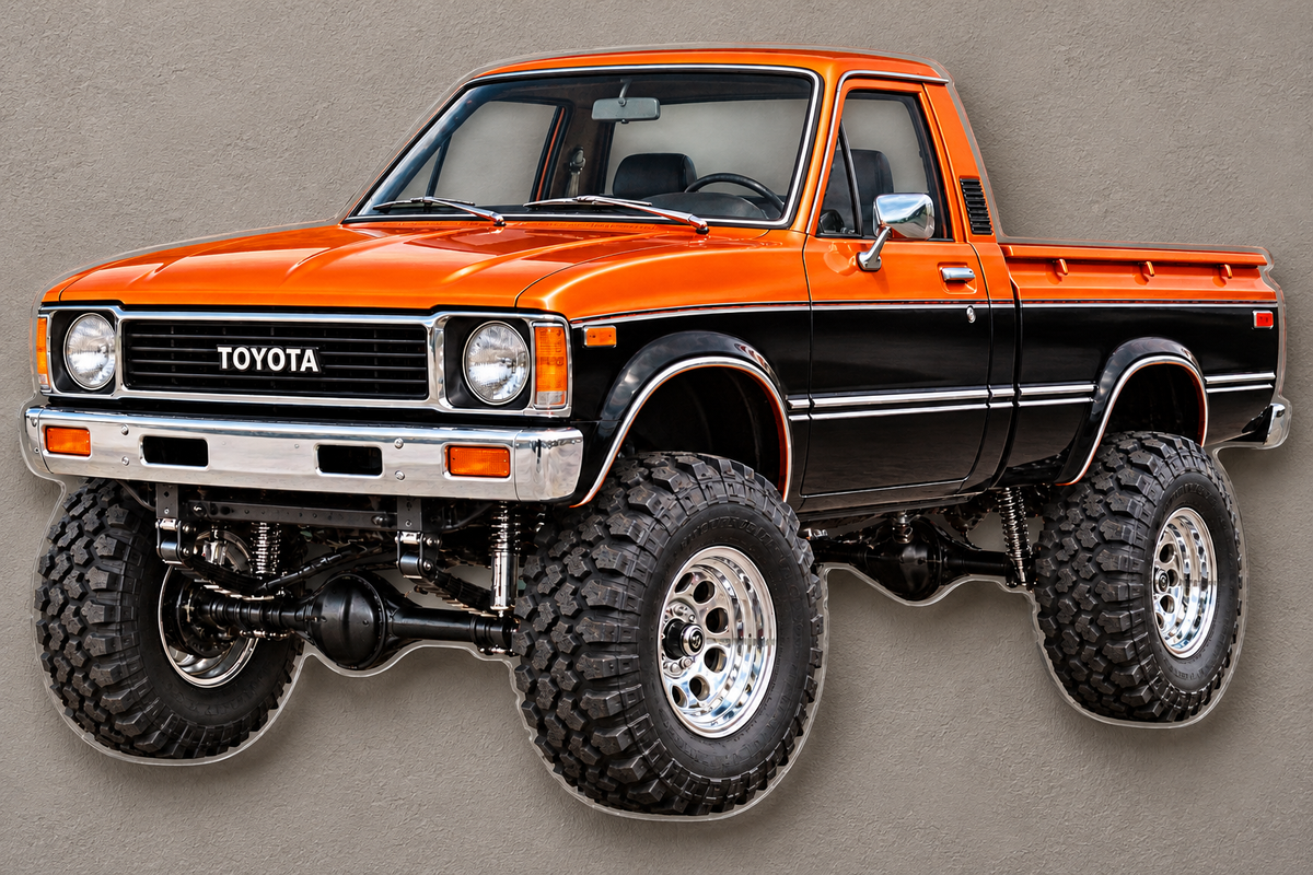 1979 Toyota Sunset Orange and Black clear contour-cut acrylic sign wall mounted with hidden standoffs