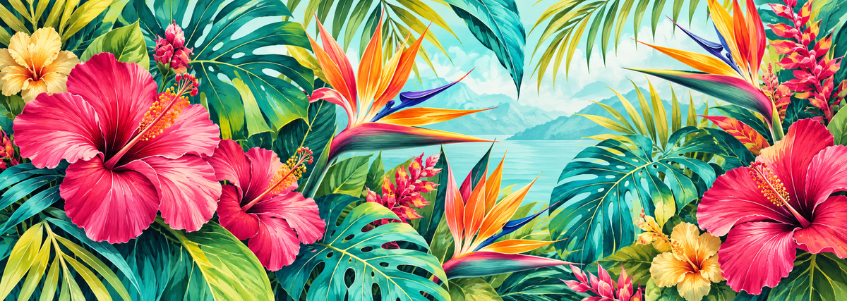 Tropical Bloom Paradise Desk Mat — colorful full artwork