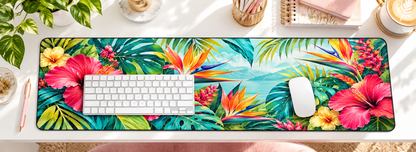 Tropical Bloom Paradise Desk Mat — overhead workspace mockup