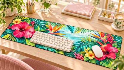 Tropical Bloom Paradise Desk Mat — angled workspace mockup