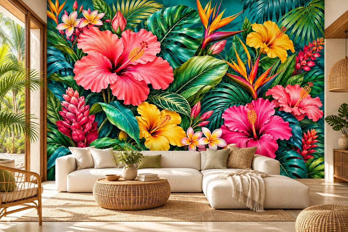 Vibrant Tropical Botanical Garden Wall Mural shown installed in a styled room