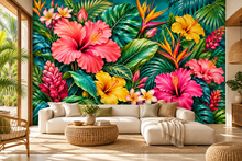 Vibrant Tropical Botanical Garden Wall Mural shown installed in a styled room