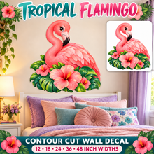 Tropical Flamingo – Girls Room Wall Decal summary and bedroom mockup – 12 to 48 inch widths