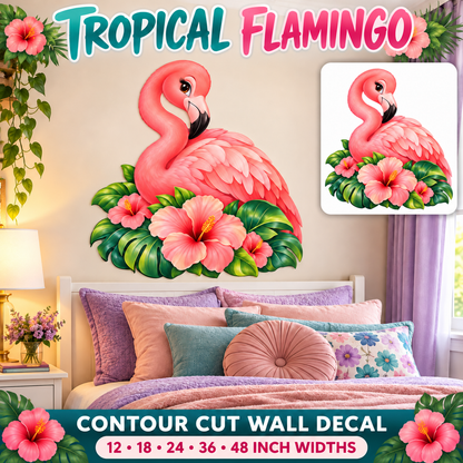 Tropical Flamingo – Girls Room Wall Decal summary and bedroom mockup – 12 to 48 inch widths