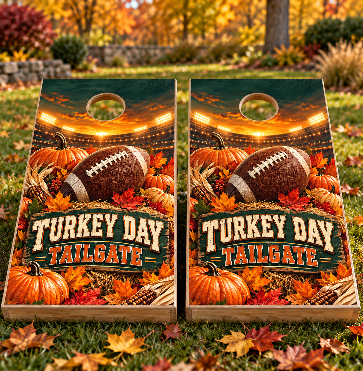 Turkey Day Tailgate Thanksgiving Cornhole Board Wraps on matching pair of cornhole boards