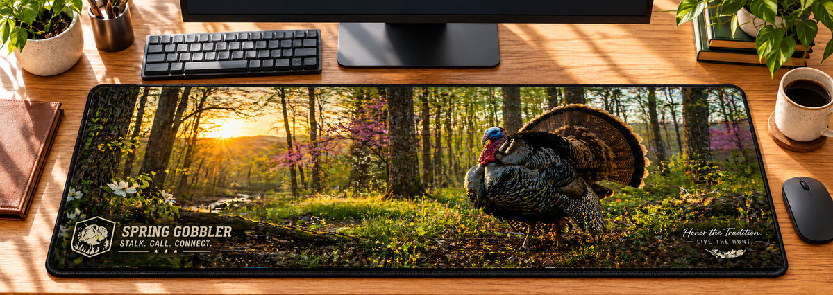 Turkey Woods Spring Gobbler Desk Mat in use on a warm wood office desk — overhead workspace view