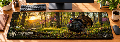 Turkey Woods Spring Gobbler Desk Mat in use on a warm wood office desk — overhead workspace view
