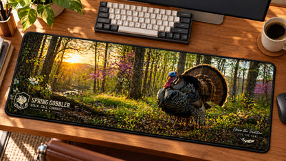 Turkey Woods Spring Gobbler Desk Mat in use on a warm wood office desk — angled workspace view