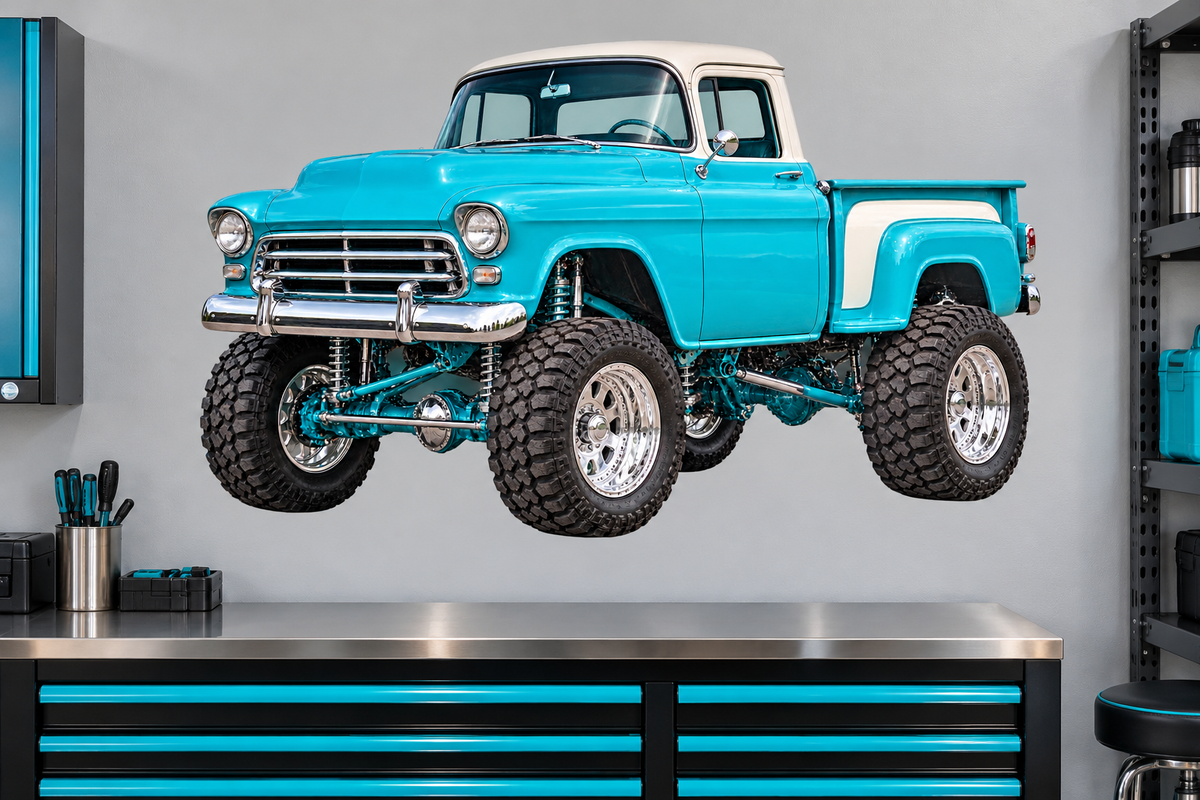 Turquoise & White Classic Lifted Truck Contour Cut Decal – Indoor or Outdoor garage mockup, illustrative size