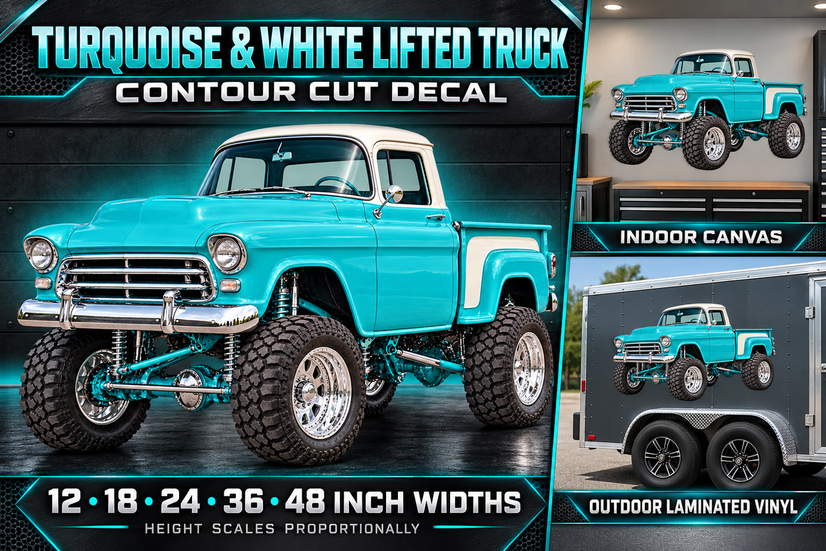 Turquoise & White Classic Lifted Truck Contour Cut Decal – Indoor or Outdoor showcase with sizes and materials