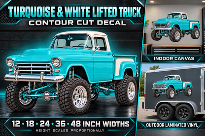 Turquoise & White Classic Lifted Truck Contour Cut Decal – Indoor or Outdoor showcase with sizes and materials