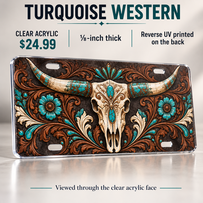 Turquoise Western longhorn skull license plate one-eighth-inch acrylic $24.99
