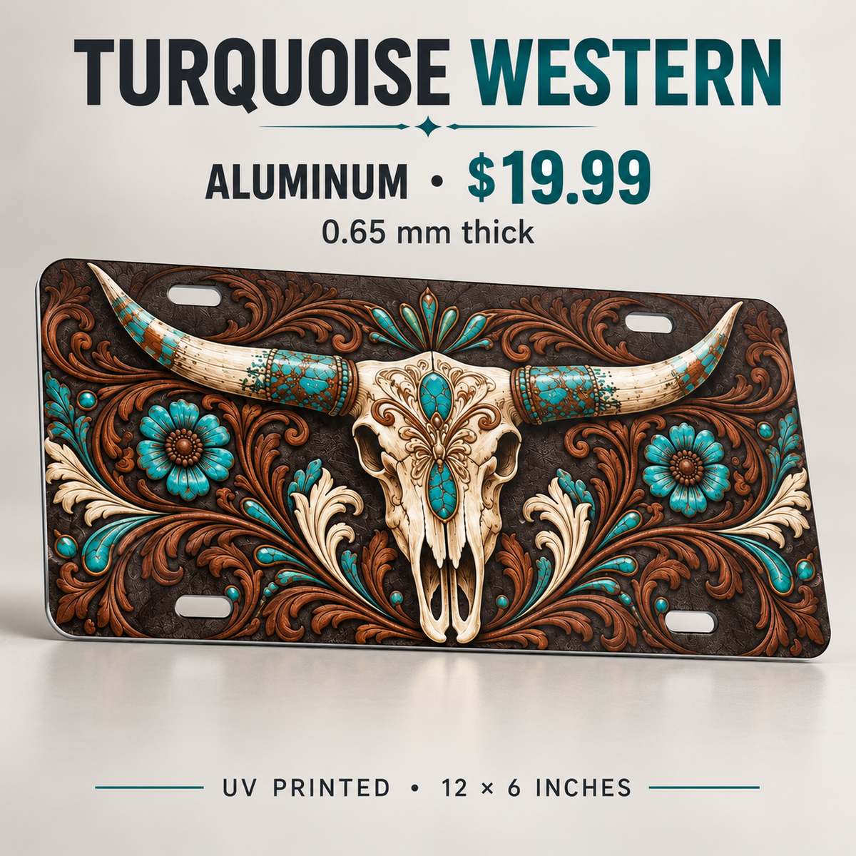 Turquoise Western longhorn skull license plate 0.65 mm aluminum $19.99