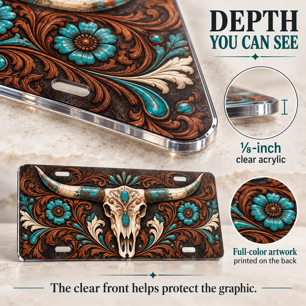 Turquoise Western longhorn skull license plate one-eighth-inch acrylic edge and reverse UV print detail