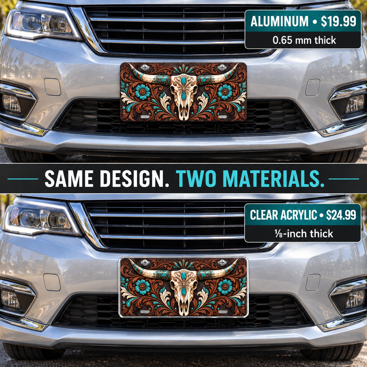 Turquoise Western license plate mounted on a vehicle in 0.65 mm aluminum and one-eighth-inch acrylic