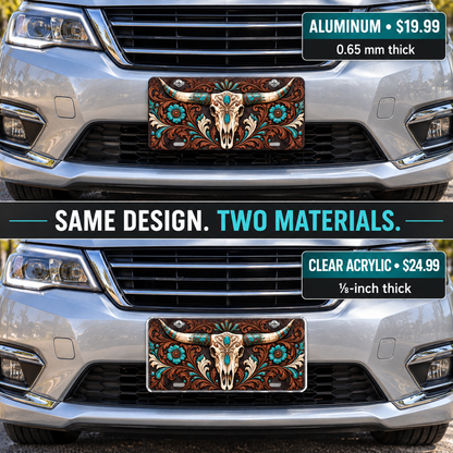 Turquoise Western license plate mounted on a vehicle in 0.65 mm aluminum and one-eighth-inch acrylic