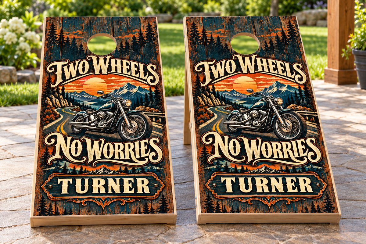 Two Wheels No Worries personalized cornhole wraps - mockup