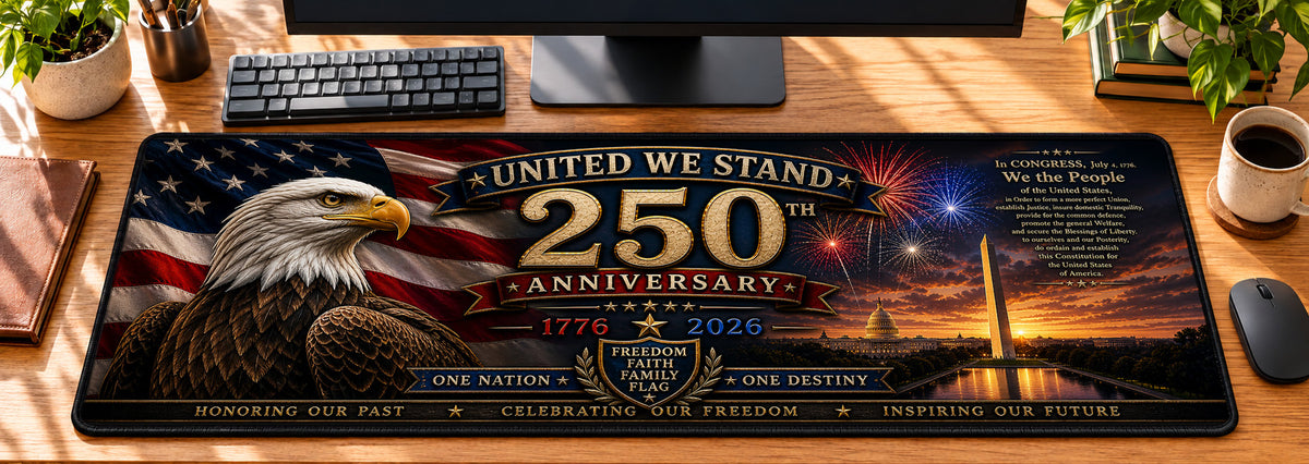 United We Stand 250 Desk Mat in use on a warm wood office desk — overhead workspace view