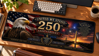 United We Stand 250 Desk Mat in use on a warm wood office desk — angled workspace view