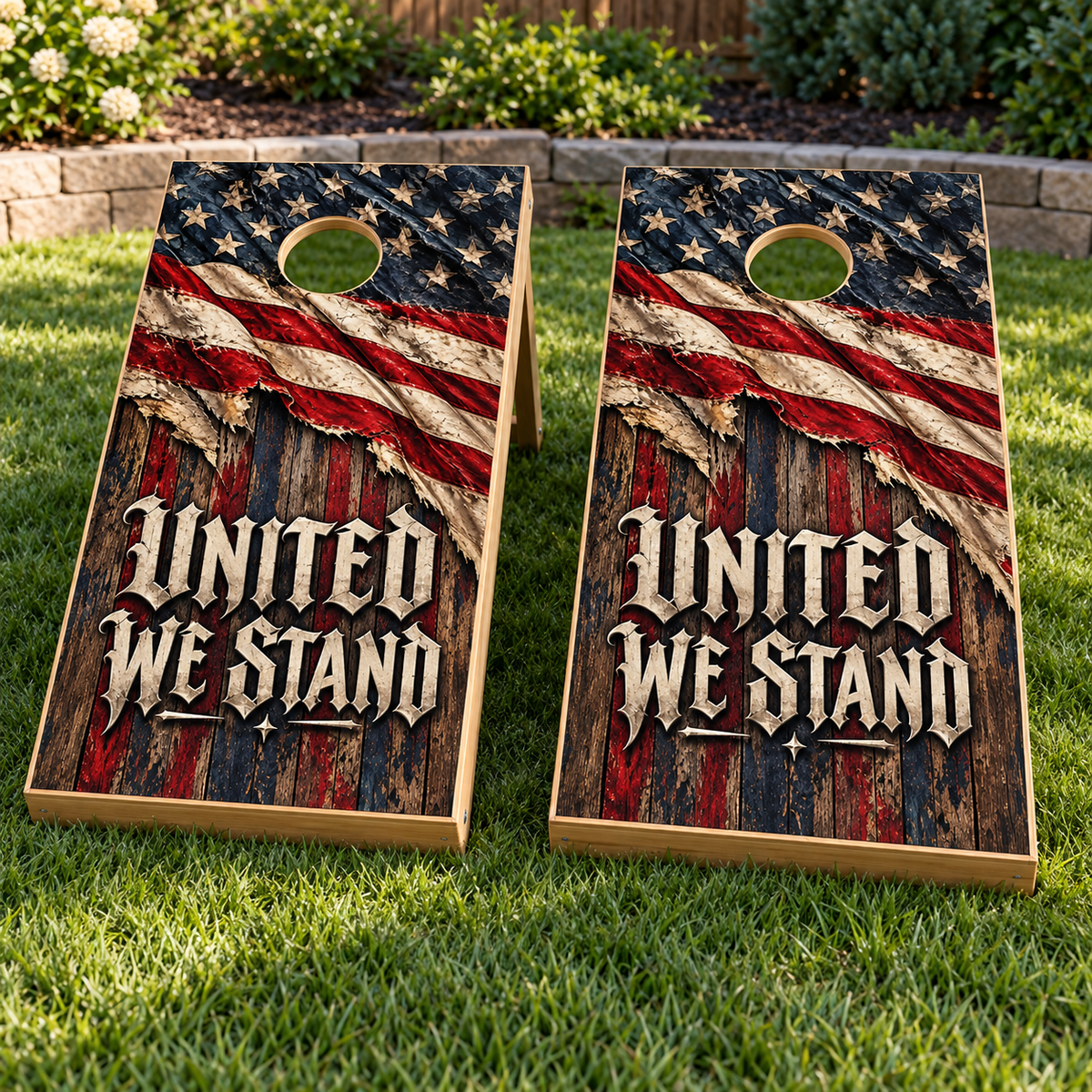 United We Stand Cornhole Board Wraps installed on two boards; boards not included