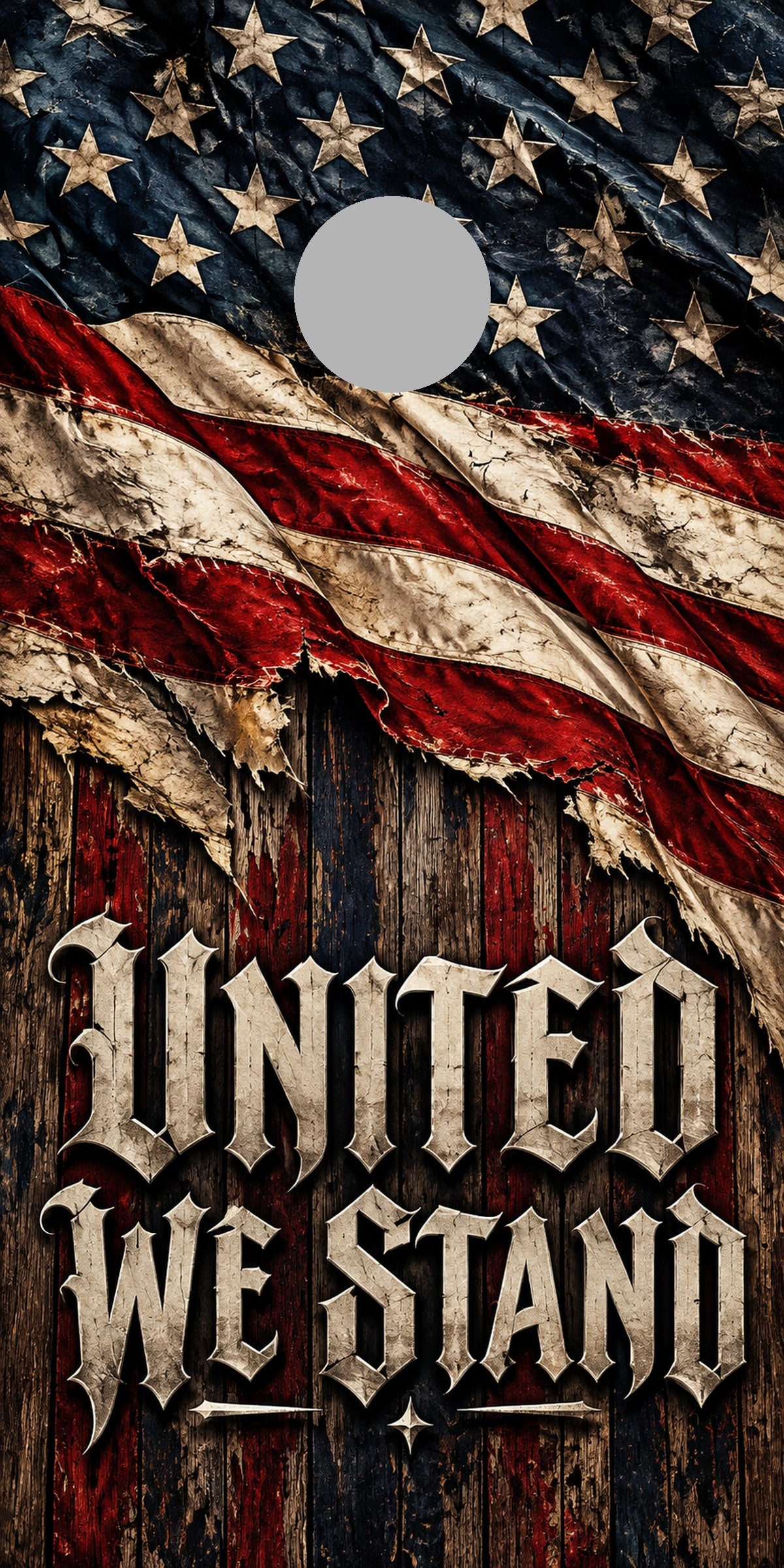United We Stand Cornhole Board Wraps proof with regulation gray hole-position marker